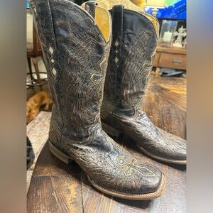 Men's Embroidered Leather Cowboy Boots - Black and Brown